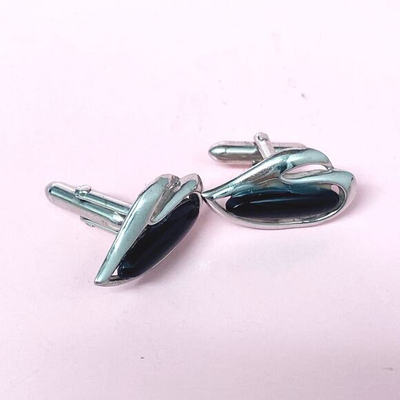 Vintage Swank Cufflinks on Silver Tone and Black Stone - Picture 1 of 4